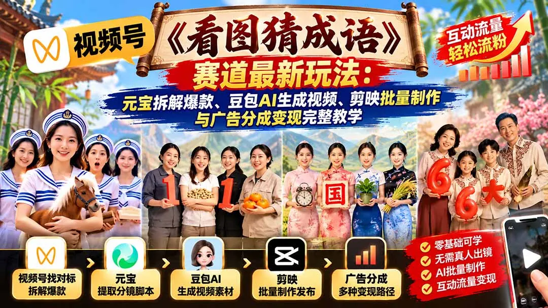 视频号《看图猜成语》赛道最新玩法：元宝拆解爆款、豆包AI生成视频、剪映批量制作与广告分成变现完整教学 1