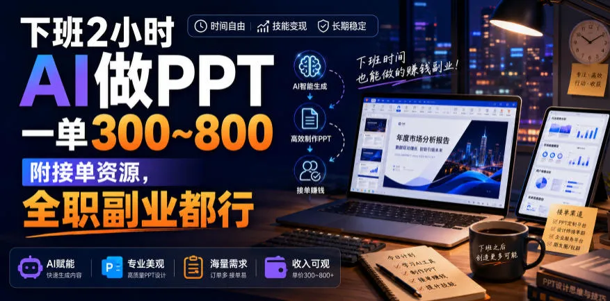 下班2小时AI做PPT，一单300~800，附接单资源，全职副业都行【揭秘】