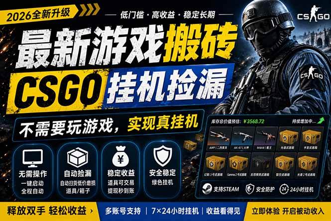 （18182期）最新游戏搬砖，CSGO纯挂机，不需要玩游戏，实现真挂机，月入1W+，五一小高峰上车可吃肉，…
