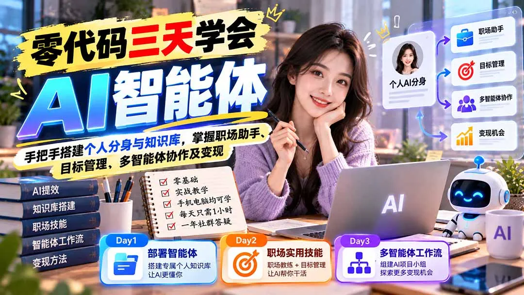【无水印】零代码三天学会AI智能体:手把手搭建个人分身与知识库,掌握职场助手、目标管理、多智能体协作及变现 1 【无水印】零代码三天学会AI智能体:手把手搭建个人分身与知识库,掌握职场助手、目标管理、多智能体协作及变现 1