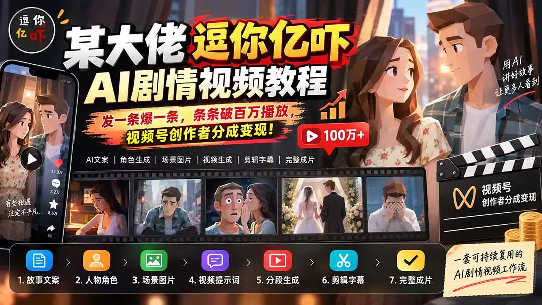 某大佬逗你亿吓AI低模剧情视频制作教程:发一条爆一条,条条破百万播放,利用视频号创作者分成变现! 1 某大佬逗你亿吓AI低模剧情视频制作教程:发一条爆一条,条条破百万播放,利用视频号创作者分成变现! 1