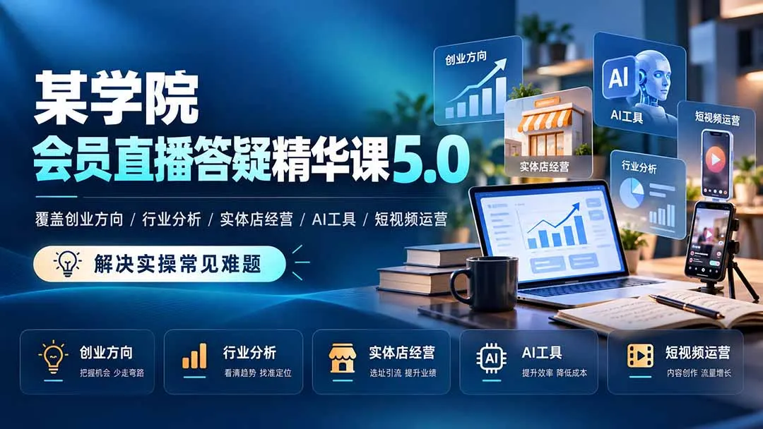 某学院会员直播答疑精华课5.0：覆盖创业方向、行业分析、实体店经营、AI工具和短视频运营，解决实操常见难题！ 1