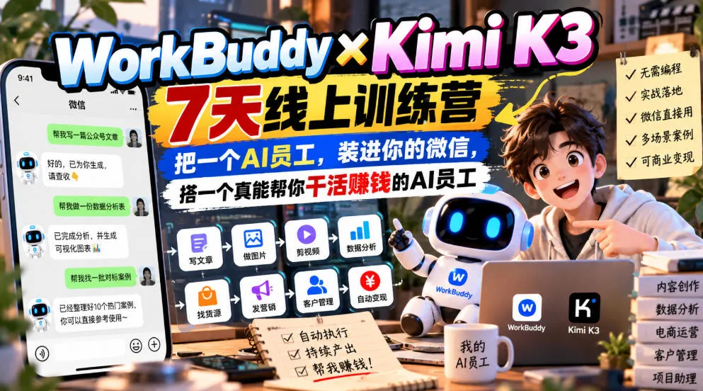 WorkBuddy×Kimi K3 7天线上训练营,把一个AI员工,装进你的微信,搭一个真能帮你干活賺钱的AI员工