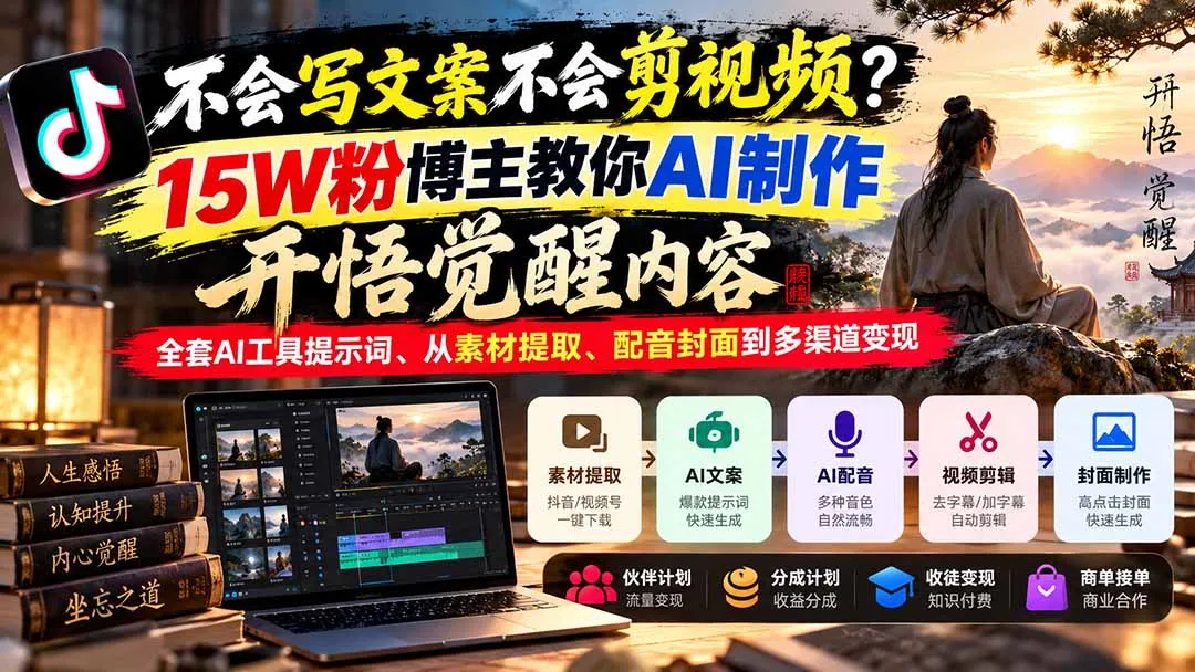 不会写文案不会剪视频？15W粉博主教你AI制作开悟觉醒内容，全套AI工具提示词、从素材提取、配音封面到多渠道变现 1