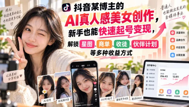 抖音某博主的AI真人感美女创作,新手也能快速起号变现,解锁星图,商单,收徒,伙伴计划等多种收益方式
