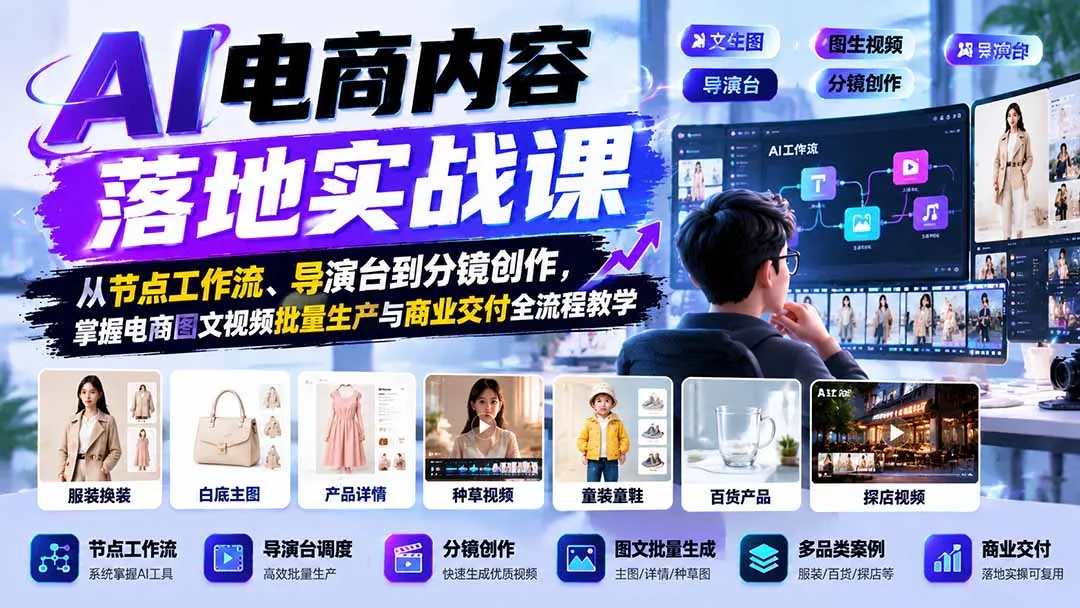 AI电商内容落地实战课：从节点工作流、导演台到分镜创作，掌握电商图文视频批量生产与商业交付全流程教学 1