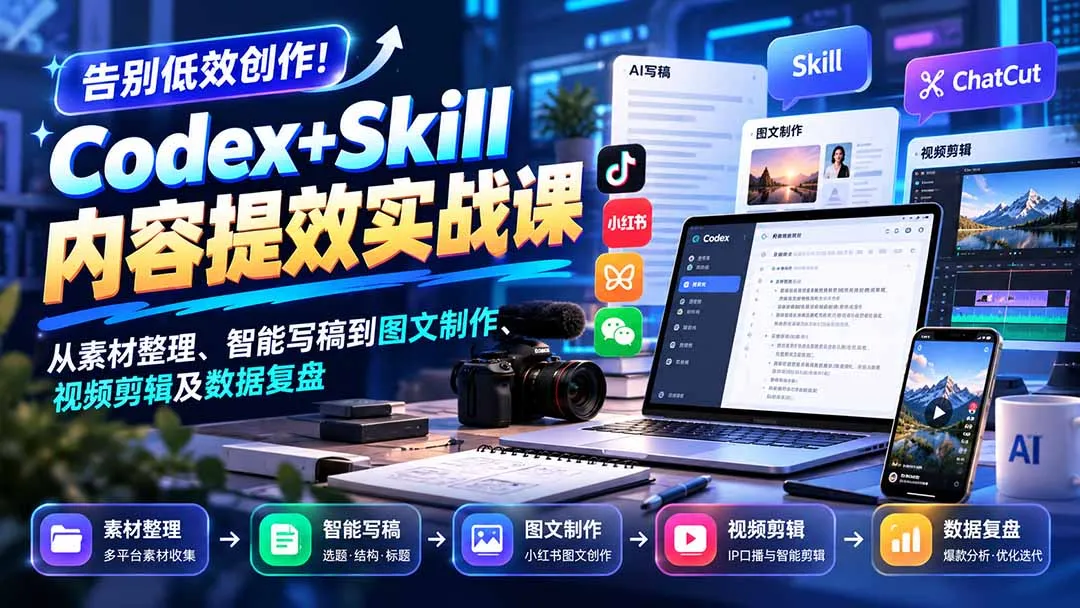 【无水印】告别低效创作！Codex+Skill内容提效实战课：从素材整理、智能写稿到图文制作、视频剪辑及数据复盘 1