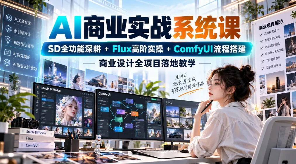 AI商业实战系统课｜SD全功能深耕+Flux高阶实操+Comfyui流程搭建，商业设计全项目落地教学