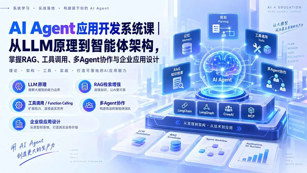 AI Agent应用开发系统课-179节|从LLM原理到智能体架构,掌握RAG、工具调用、多Agent协作与企业应用设计 1 AI Agent应用开发系统课-179节|从LLM原理到智能体架构,掌握RAG、工具调用、多Agent协作与企业应用设计 1
