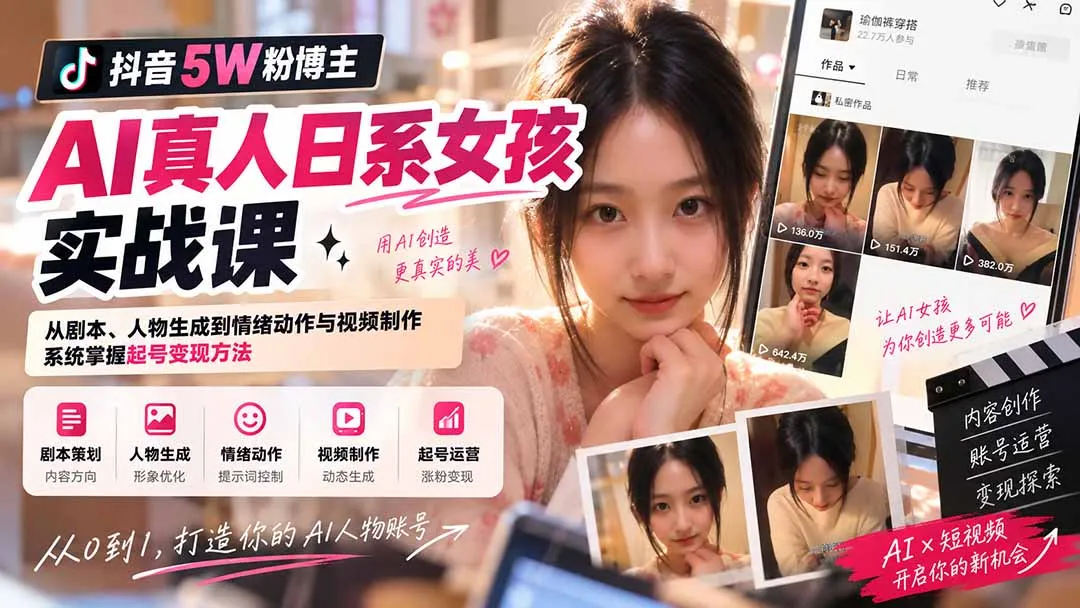 抖音5W粉博主AI真人日系女孩实战课:从剧本、人物生成到情绪动作与视频制作,系统掌握起号变现方法 1 抖音5W粉博主AI真人日系女孩实战课:从剧本、人物生成到情绪动作与视频制作,系统掌握起号变现方法 1