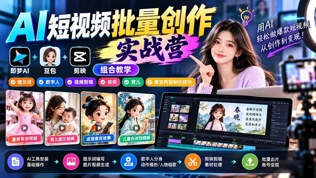 【无水印】AI短视频批量创作实战营:即梦+豆包+剪映组合教学,提示词/数字人/视频剪辑/带货/育儿/寓言内容制作技巧 1 【无水印】AI短视频批量创作实战营:即梦+豆包+剪映组合教学,提示词/数字人/视频剪辑/带货/育儿/寓言内容制作技巧 1