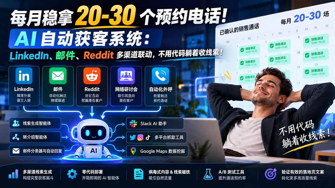 每月稳拿 20-30 个预约电话!AI 自动获客系统:LinkedIn、邮件、Reddit 多渠道联动,不用代码躺着收线索! 1 每月稳拿 20-30 个预约电话!AI 自动获客系统:LinkedIn、邮件、Reddit 多渠道联动,不用代码躺着收线索! 1