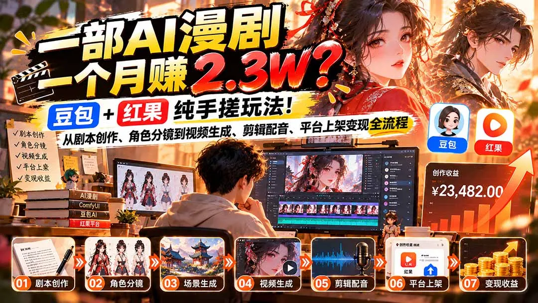 一部AI漫剧一个月赚2.3W？豆包+红果纯手搓玩法！从剧本创作、角色分镜到视频生成、剪辑配音、平台上架变现全流程 1