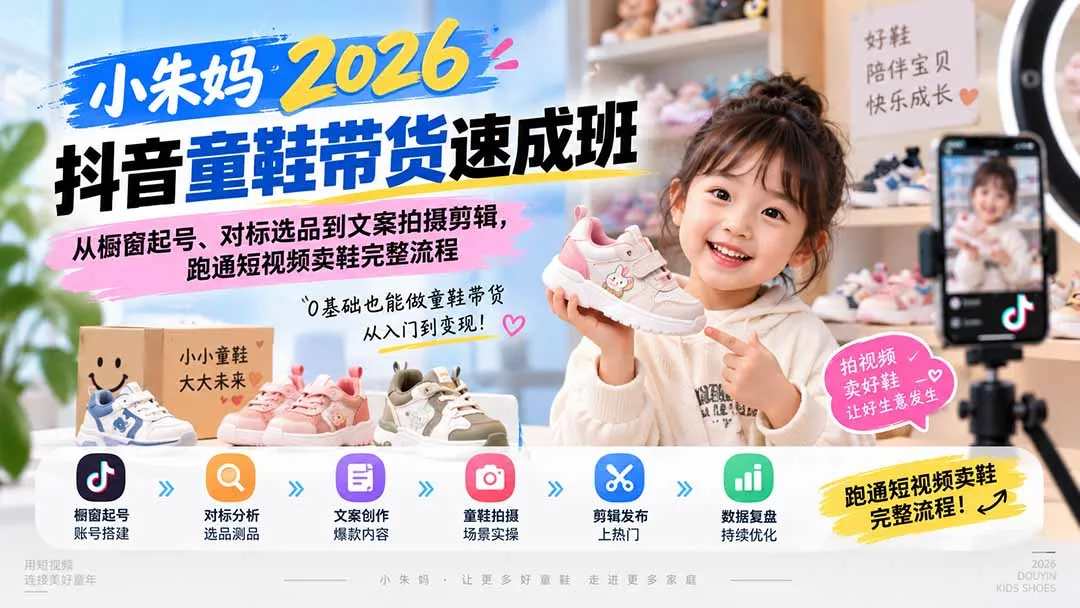 小朱妈2026抖音童鞋带货速成班:从橱窗起号、对标选品到文案拍摄剪辑,跑通短视频卖鞋完整流程 1 小朱妈2026抖音童鞋带货速成班:从橱窗起号、对标选品到文案拍摄剪辑,跑通短视频卖鞋完整流程 1
