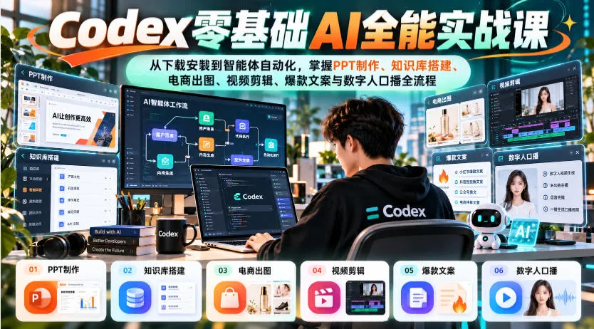 Codex零基础AI全能实战课：从下载安装到智能体自动化，掌握知识库搭建、电商出图、视频剪辑、爆款文案与数字人口播全流程