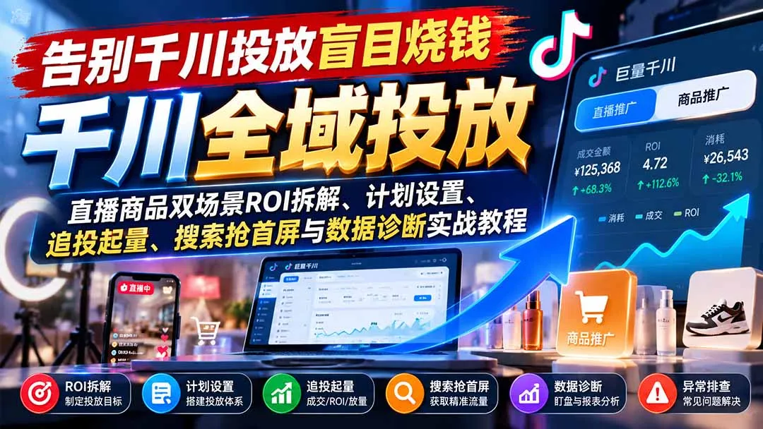 告别千川投放盲目烧钱：直播商品双场景ROI拆解、计划设置、追投起量、搜索抢首屏与数据诊断实战教程 1