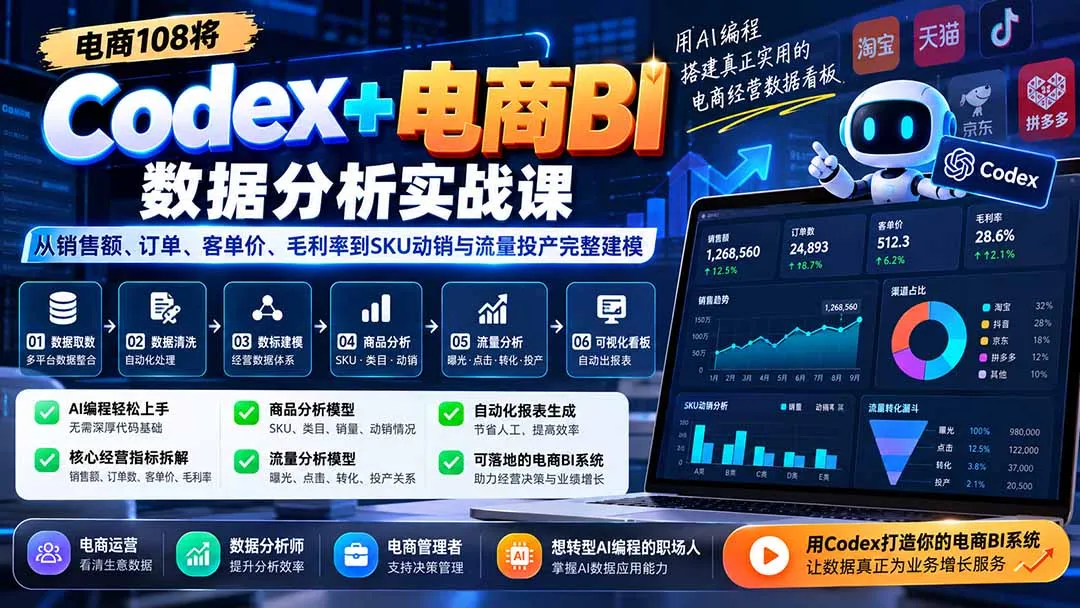 Codex+电商BI数据分析实战课-更新：从销售额、订单、客单价、毛利率到SKU动销与流量投产完整建模