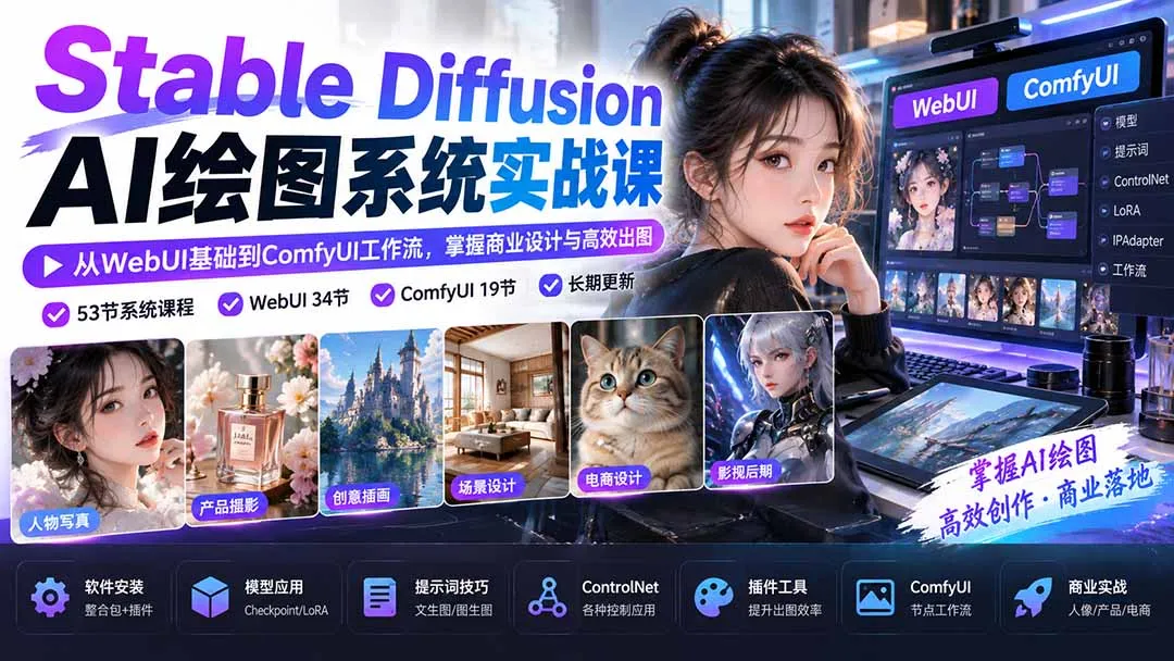 【无水印】Stable Diffusion AI绘图系统实战课：从WebUI基础到ComfyUI工作流，掌握商业设计与高效出图