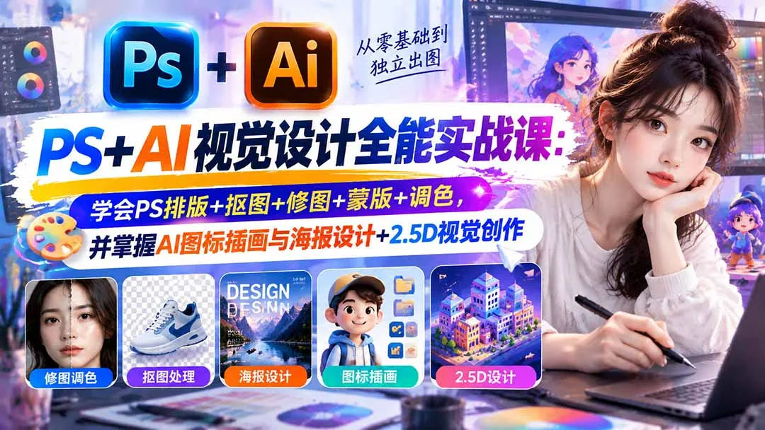 【无水印】PS+AI视觉设计全能实战课：学会PS排版+抠图+修图+蒙版+调色，并掌握AI图标插画与海报设计+2.5D视觉创作 1