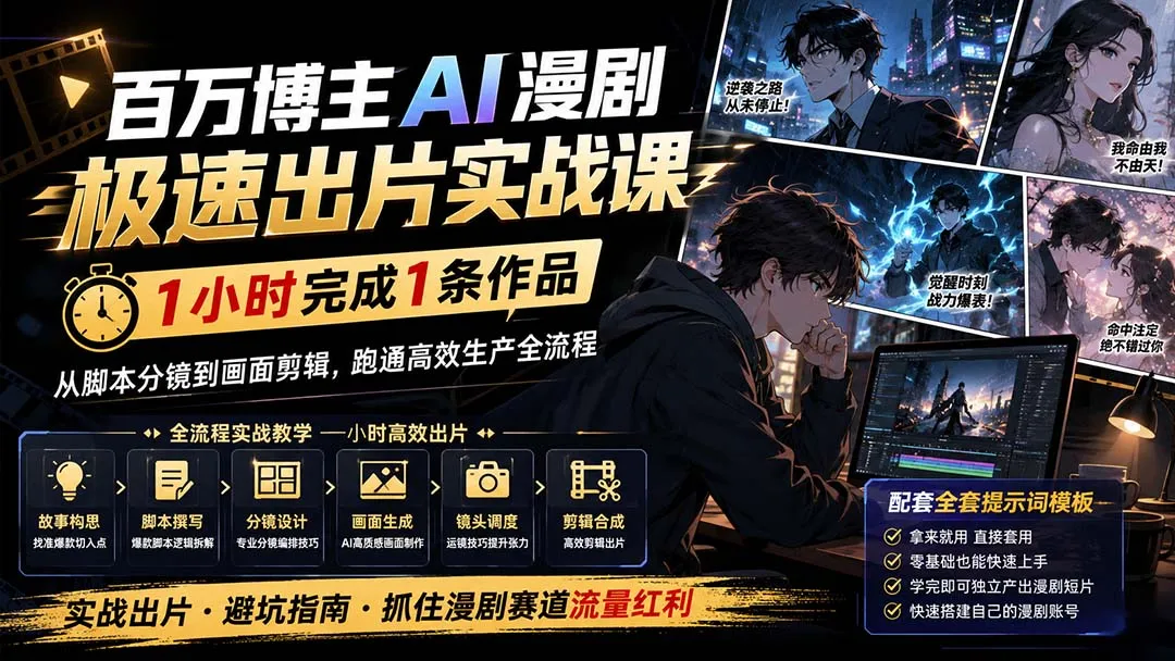 百万博主AI漫剧极速出片实战课:1小时产出条作品,从脚本分镜到画面剪辑,跑通高效生产全流程 1 百万博主AI漫剧极速出片实战课:1小时产出条作品,从脚本分镜到画面剪辑,跑通高效生产全流程 1