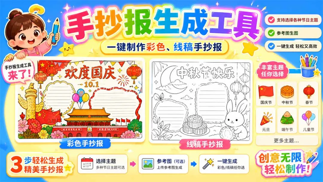 手抄报批量生成工具来了，完全免费，告别豆包生图，这个高清无水印 1