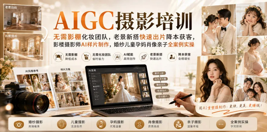 AIGC摄影培训｜无需影棚化妆团队，老景新搭快速出片降本获客，影楼摄影师AI样片制作，婚纱儿童孕妈肖像亲子全案例实操