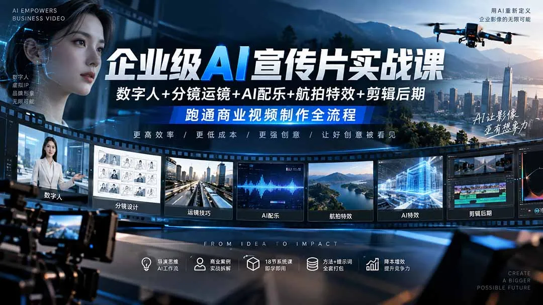 企业级AI宣传片实战课|数字人+分镜运镜+AI配乐+航拍特效+剪辑后期,跑通商业视频制作全流程 1 企业级AI宣传片实战课|数字人+分镜运镜+AI配乐+航拍特效+剪辑后期,跑通商业视频制作全流程 1