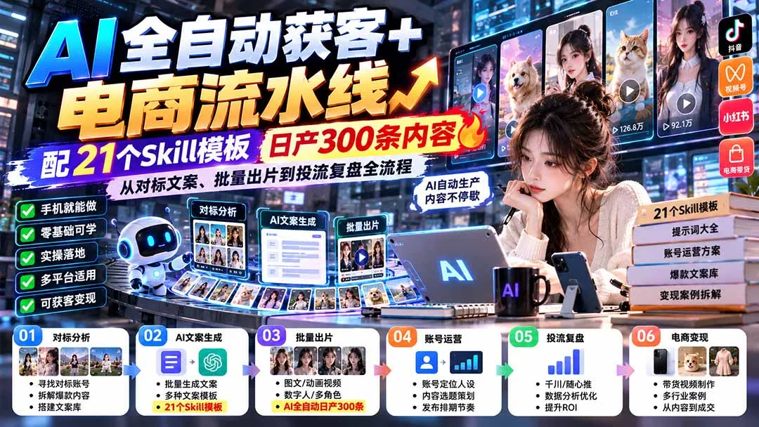 【无水印】AI全自动获客+电商流水线：配21个Skill模板，日产300条内容，从对标文案、批量出片到投流复盘全流程 1