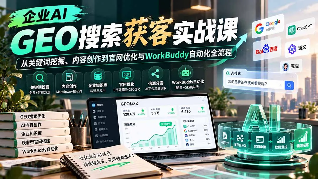企业AI GEO搜索获客实战课:从关键词挖掘、内容创作到官网优化与WorkBuddy自动化全流程 1 企业AI GEO搜索获客实战课:从关键词挖掘、内容创作到官网优化与WorkBuddy自动化全流程 1