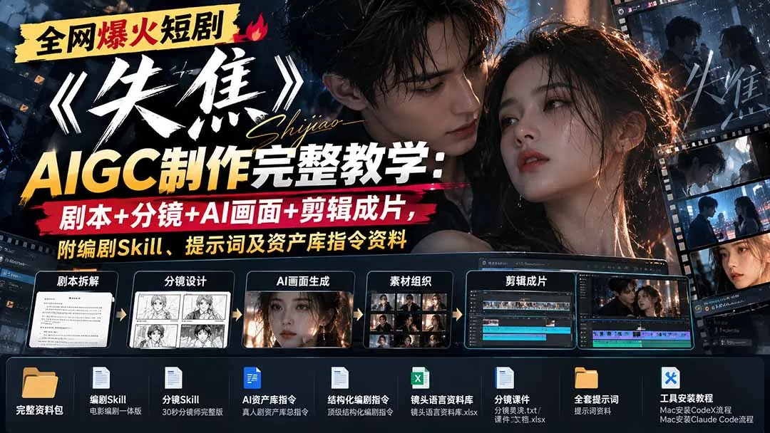 全网爆火短剧《失焦》AIGC制作完整教学：剧本+分镜+AI画面+剪辑成片，附编剧Skill、提示词及资产库指令资料 1