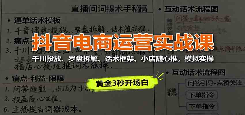 抖音电商运营实战课：千川投放、罗盘拆解、话术框架、小店随心推，模拟实操