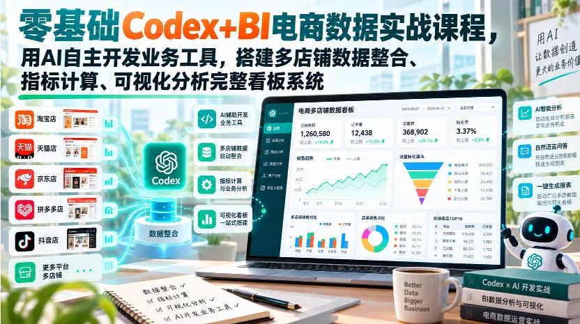 零基础Codex+BI电商数据实战课程,用AI自主开发业务工具,搭建多店铺数据整合、指标计算、可视化分析完整看板系统 1 零基础Codex+BI电商数据实战课程,用AI自主开发业务工具,搭建多店铺数据整合、指标计算、可视化分析完整看板系统