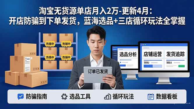 （17988期）淘宝无货源单店月入2万-更新4月：开店防骗到下单发货，蓝海选品+三店循环玩法全掌握