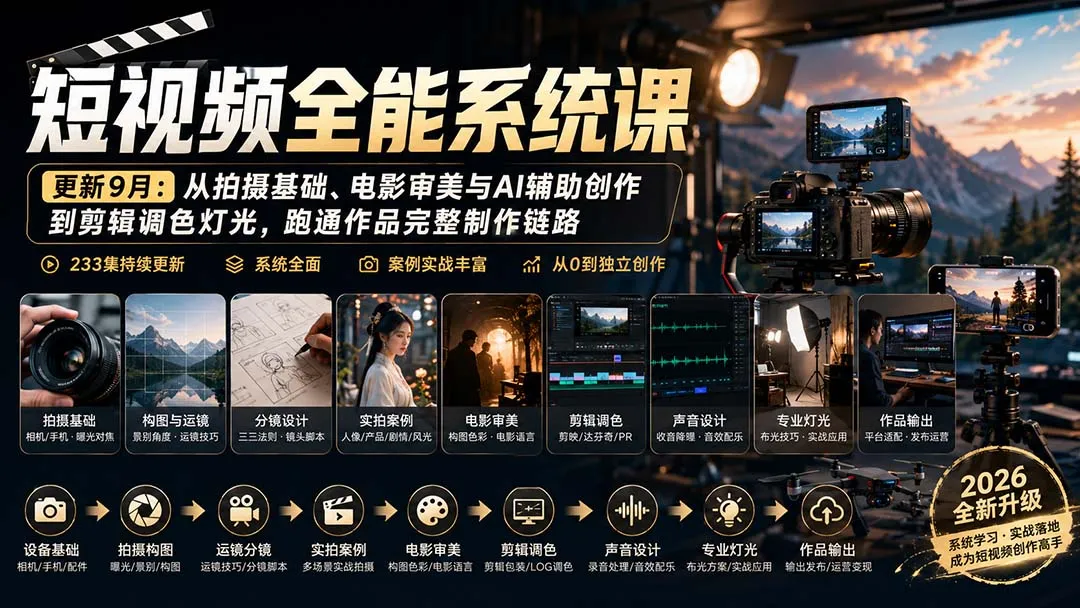 短视频全能系统课-更新8月233集:从拍摄基础、电影审美与AI辅助创作到剪辑调色灯光,跑通作品完整制作链路 1 短视频全能系统课-更新8月233集:从拍摄基础、电影审美与AI辅助创作到剪辑调色灯光,跑通作品完整制作链路 1