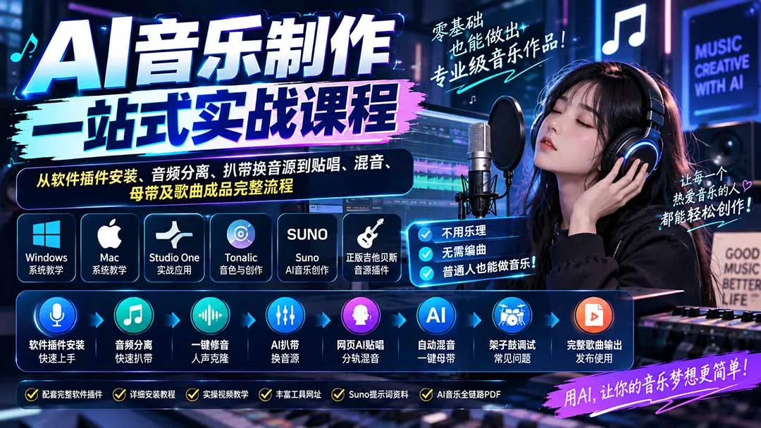 AI音乐制作一站式实战课程：从软件插件安装、音频分离、扒带换音源到贴唱、混音、母带及歌曲成品完整流程 1