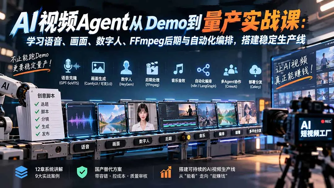 AI视频Agent从Demo到量产实战课：学习语音、画面、数字人、FFmpeg后期与自动化编排，搭建稳定生产线 1