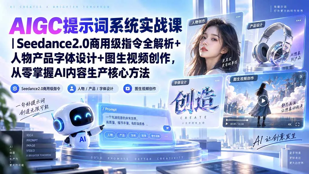 AIGC提示词系统实战课-无水印|Seedance2.0商用级指令全解析+人物产品字体设计+图生视频创作,掌握AI内容生产方法 1 AIGC提示词系统实战课-无水印|Seedance2.0商用级指令全解析+人物产品字体设计+图生视频创作,掌握AI内容生产方法 1