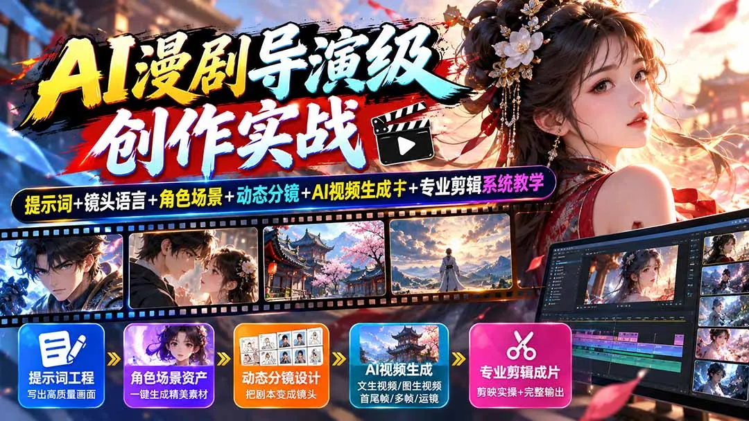 AI漫剧导演级创作实战：提示词+镜头语言+角色场景+动态分镜+AI视频生成+专业剪辑系统教学 1