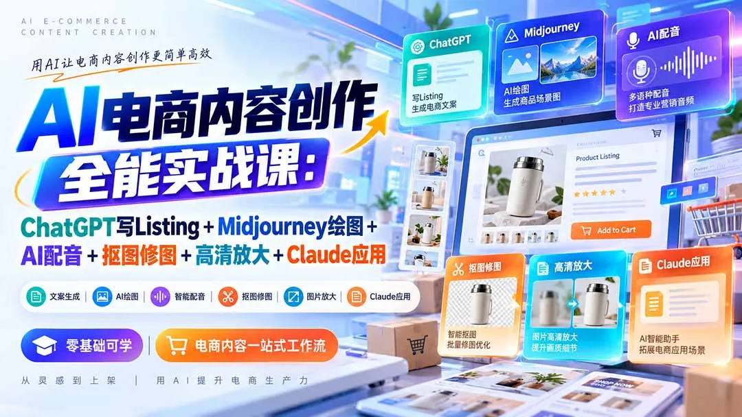【无水印】AI电商内容创作全能实战课：ChatGPT写Listing+Midjourney绘图+AI配音+抠图修图+高清放大+Claude应用 1