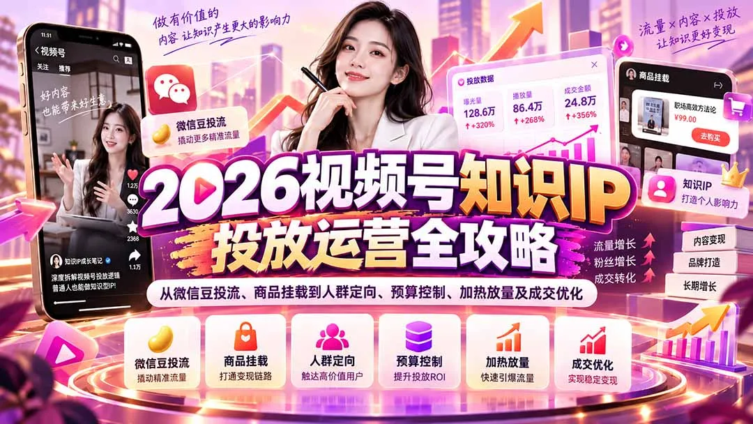 2026视频号知识IP投放运营全攻略：从微信豆投流、商品挂载到人群定向、预算控制、加热放量及成交优化 1