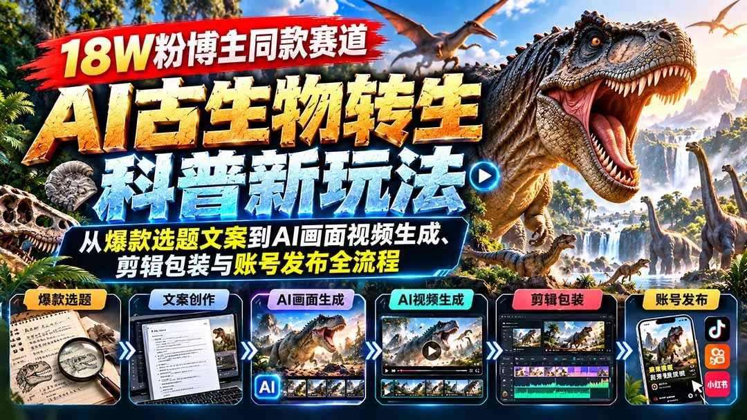 18W粉博主同款赛道-AI古生物转生科普新玩法:从爆款选题文案到AI画面视频生成、剪辑包装与账号发布全流程 1 18W粉博主同款赛道-AI古生物转生科普新玩法:从爆款选题文案到AI画面视频生成、剪辑包装与账号发布全流程 1