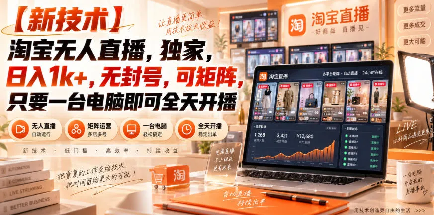 【独家新技术】淘宝无人直播，日入1k+，无封号，可矩阵，只要一台电脑即可全天开播【揭秘】