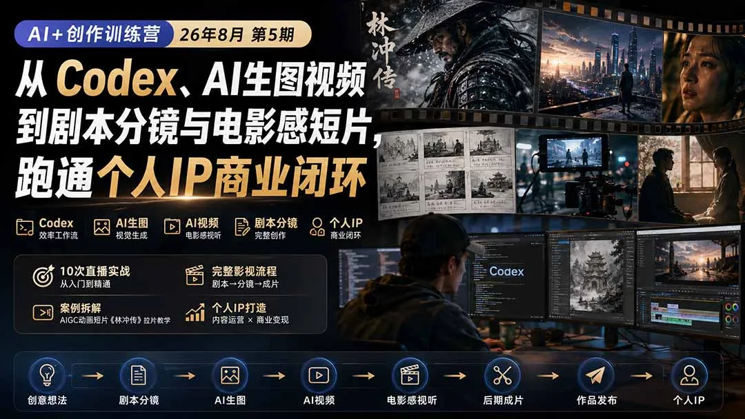AI+创作训练营26年8月第5期：从Codex、AI生图视频到剧本分镜与电影感短片，跑通个人IP商业闭环 2