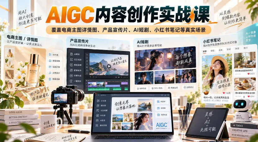 AIGC内容创作实战课，覆盖电商主图详情图、产品宣传片、AI短剧、小红书笔记等真实场景