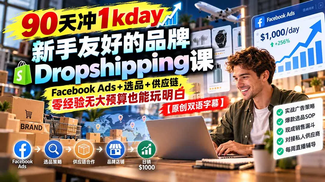 90天冲1kday 新手友好的品牌Dropshipping课：Facebook Ads+选品+供应链，零经验无大预算也能玩明白【原创双语字幕】 1