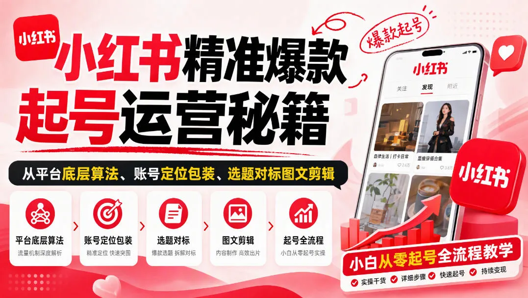 小红书精准爆款起号运营秘籍，从平台底层算法、账号定位包装、选题对标图文剪辑，小白从零起号全流程