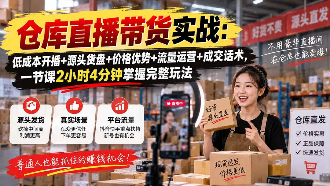 仓库直播带货实战:低成本开播+源头货盘+价格优势+流量运营+成交话术,一节课2小时4分钟掌握完整玩法 1 仓库直播带货实战:低成本开播+源头货盘+价格优势+流量运营+成交话术,一节课2小时4分钟掌握完整玩法 1