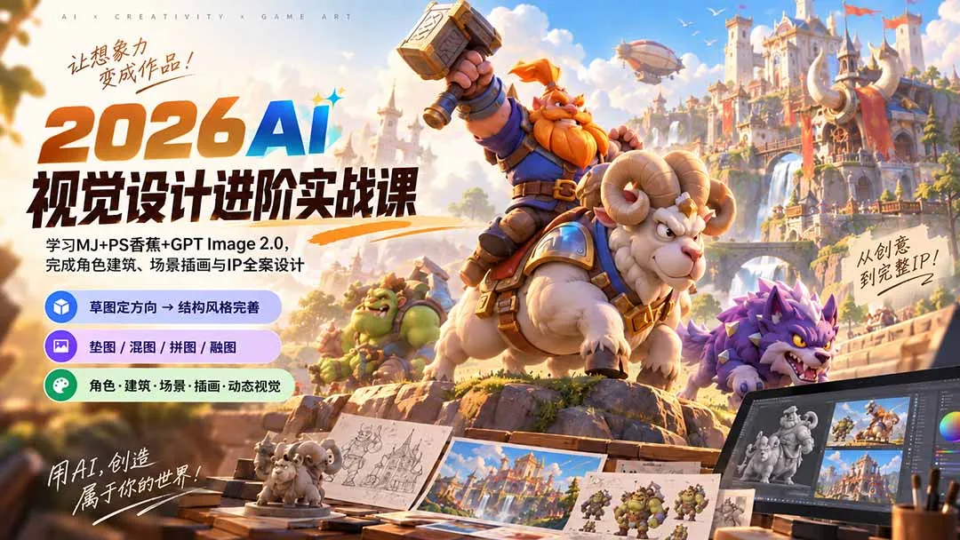 2026AI视觉设计进阶实战课-更新:学习MJ+PS香蕉+GPT Image 2.0,完成角色建筑、场景插画与IP全案设计 1 2026AI视觉设计进阶实战课-更新:学习MJ+PS香蕉+GPT Image 2.0,完成角色建筑、场景插画与IP全案设计 1