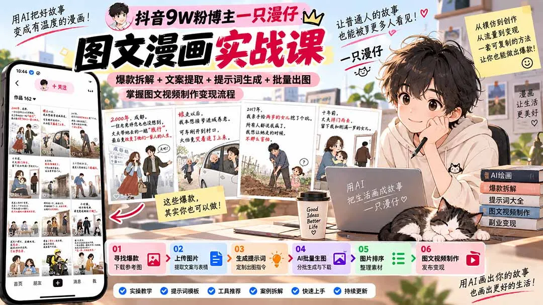 抖音9W粉博主一只漫仔图文漫画课:爆款拆解+文案提取+提示词生成+批量出图,掌握图文视频制作变现流程 1 抖音9W粉博主一只漫仔图文漫画课:爆款拆解+文案提取+提示词生成+批量出图,掌握图文视频制作变现流程 1