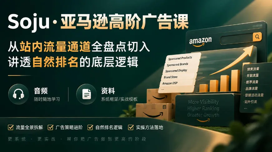 亚马逊高阶广告课，从站内流量通道全盘点切入，讲透自然排名的底层逻辑(直播+音频+资料)